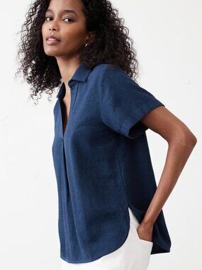 Banana Republic Factory Linen-Blend Collared Top - Navy - XL